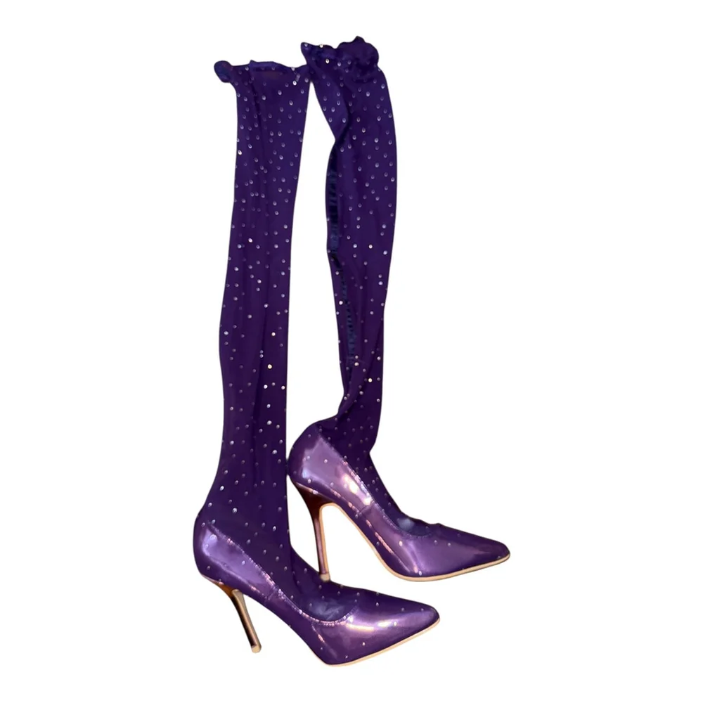 Women's Rhinestone Embellished Over-the-Knee Boots, Purple, Size 5.5, High Heel